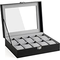 SONGMICS Caja para relojes con 10 compartimentos- tapa de cristal- con cojín extraíble- forro interior de terciopelo…